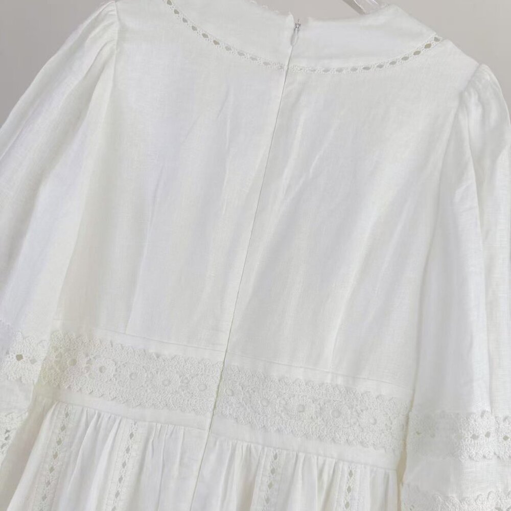 Romantic White Lace Dress: V - Neck, Puff Sleeves & Tiered Skirt - Picture 2 of 8